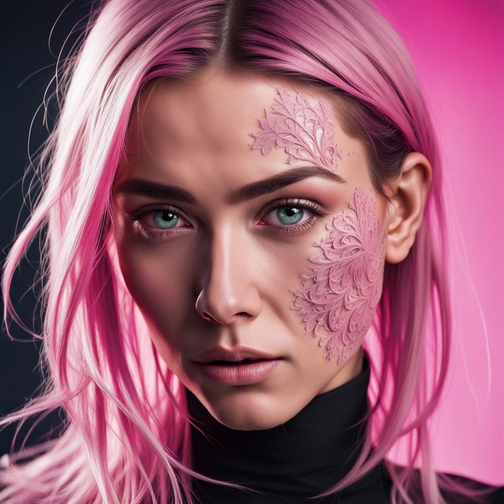 beautiful haircut model extreme close-up, a woman with pink ...