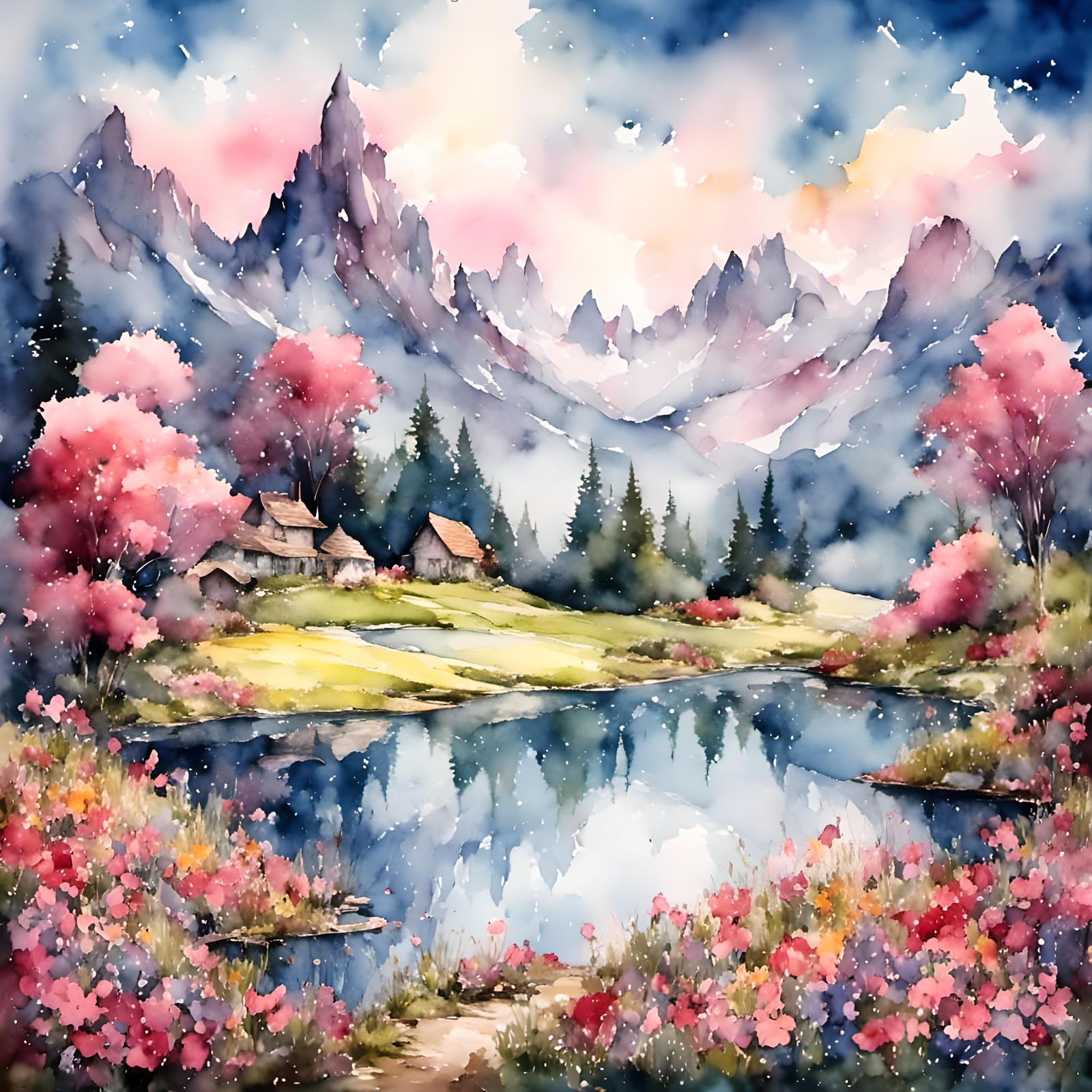 Fantasy landscape, meadow, lake, mountains, forest <lora:Pink Snow Watercol 1:1.0>