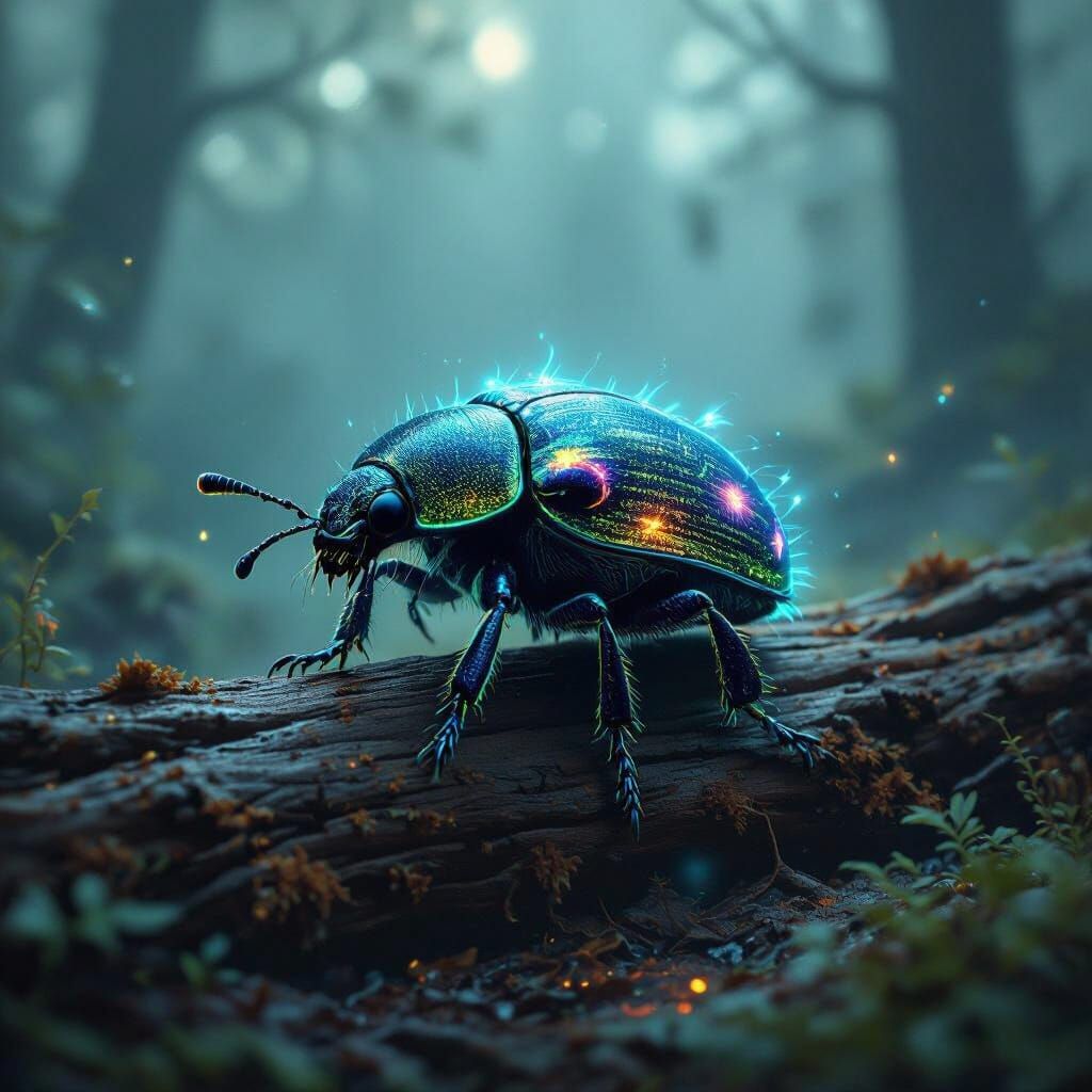Bioluminescent Beetle Scuttles Across Misty Forest Log