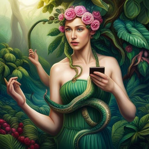 Eve Receives iPhone in Eden: Realistic 8K Image