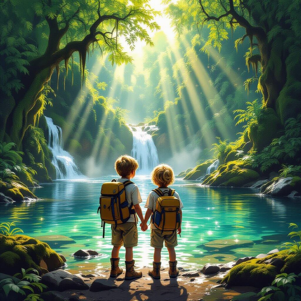 Enchanted Forest Waterfall Scene in Golden Hour