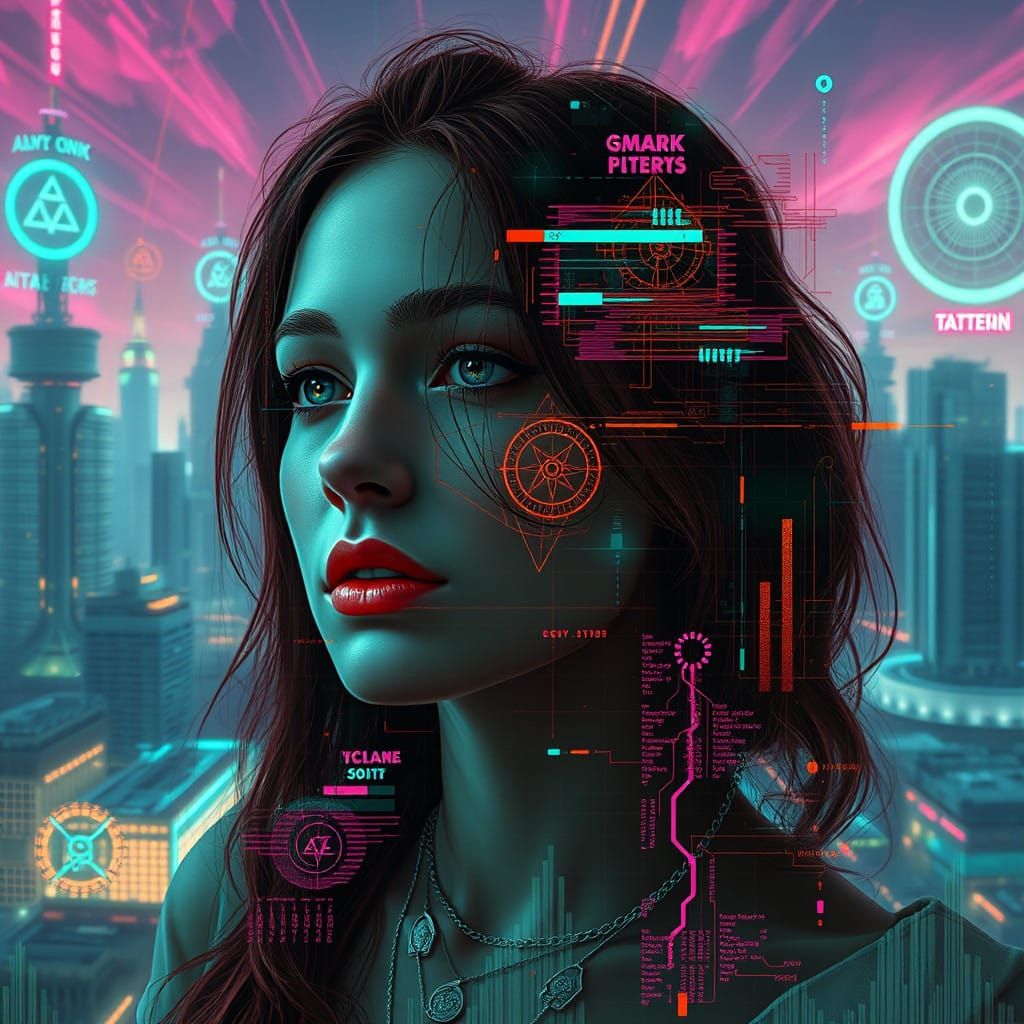 Surreal Holographic Portrait in Neon-Lit Dystopia