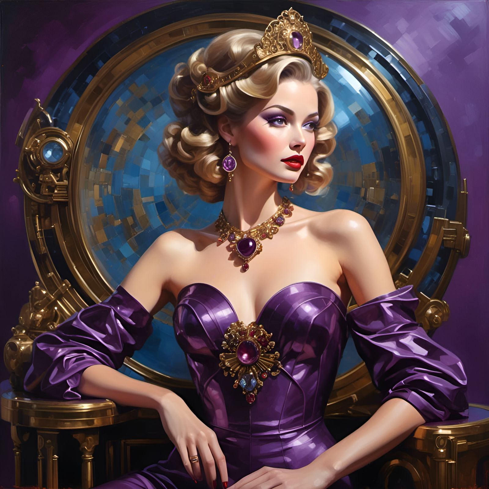 Art Deco Lady Sculpture in Deep Purple Oil Painting