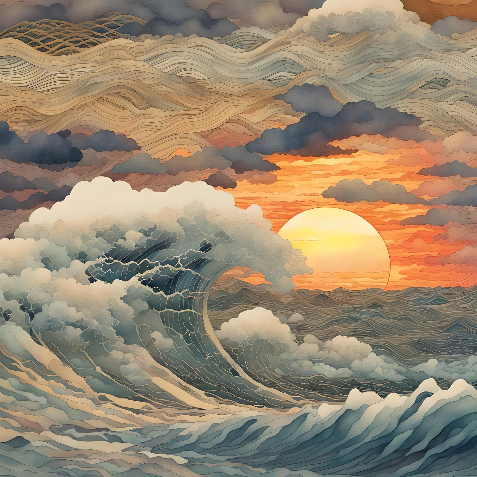 Watercolor Double Exposure: Waves, Storm, Sunset