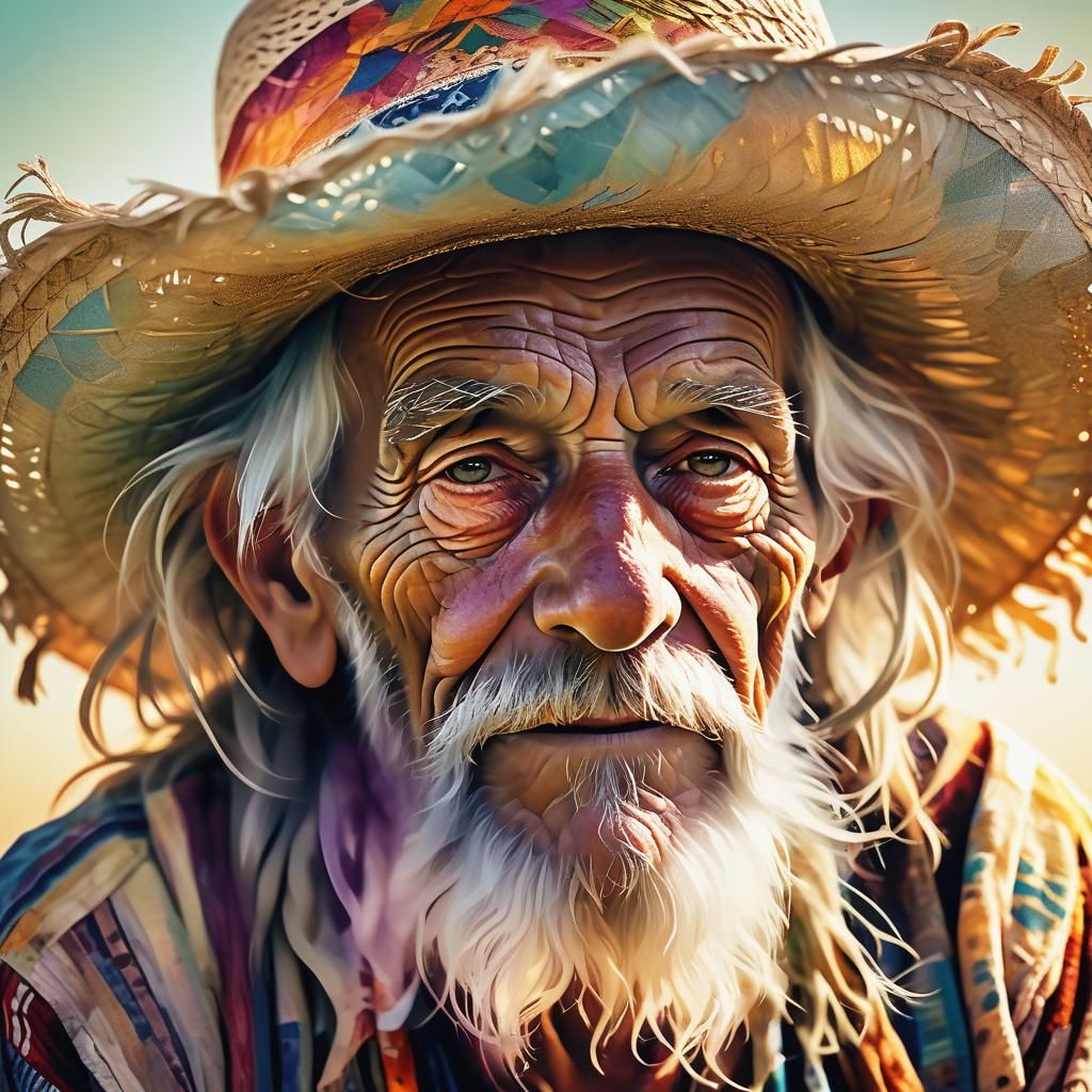 Portrait of Old Man with Straw Hat in Fantasy Style