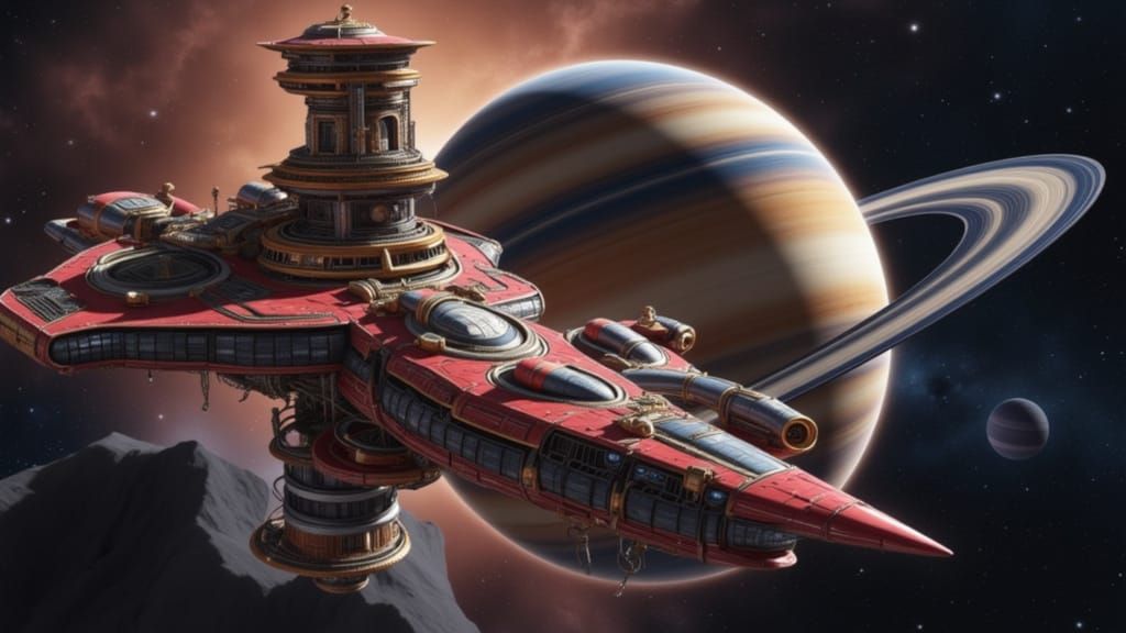 Steampunk Space Station Orbiting a Saturn-like Planet