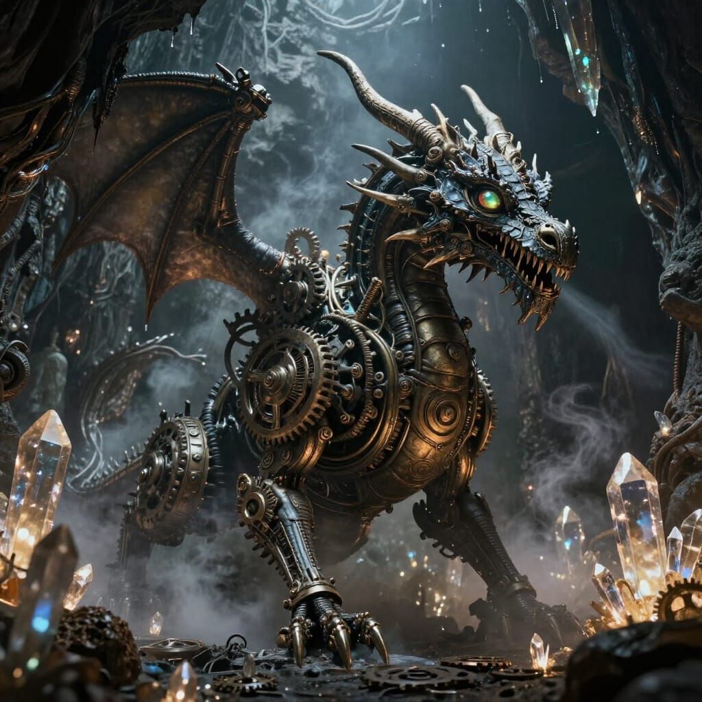 Ancient Clockwork Dragon Awakens in Crystal Cavern