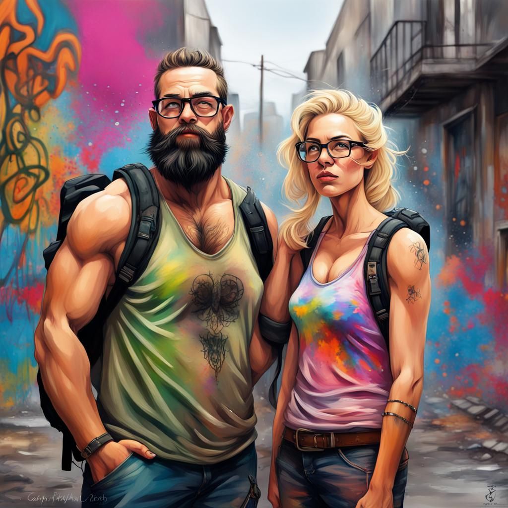 Happy Couple Hiking: Graffiti Splash Art Style