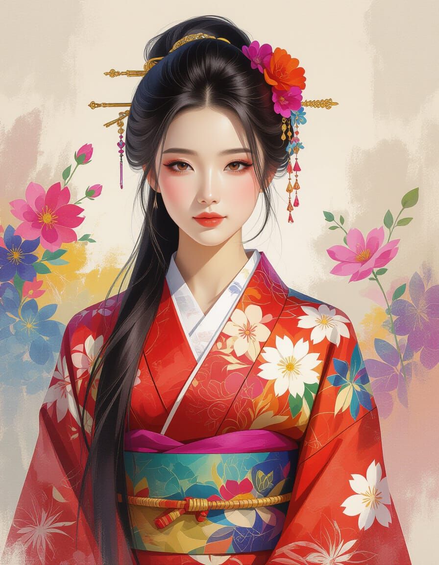 Ethereal Asian Beauty in Kimono: Expressive Digital Painting
