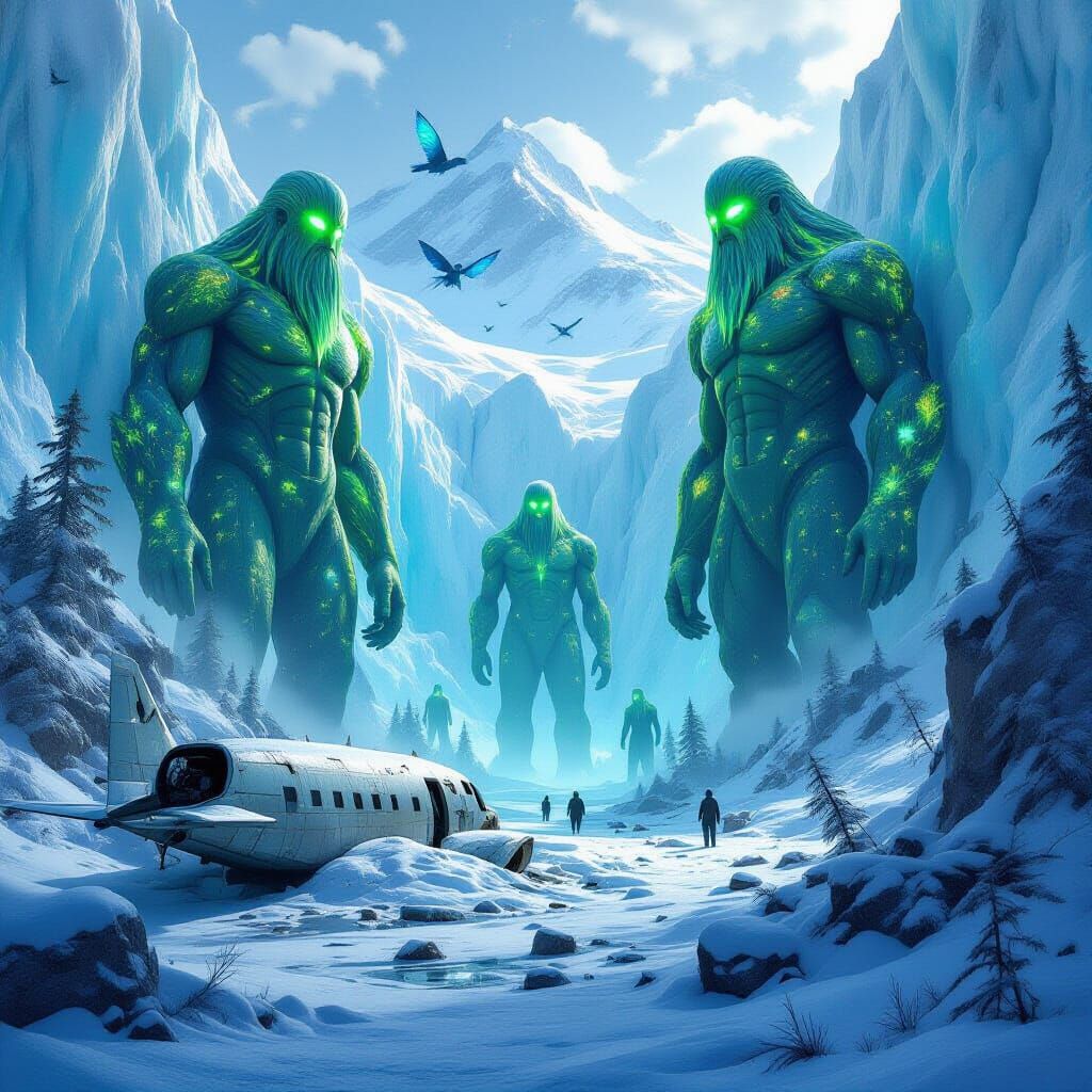 Antarctic Oasis with Glowing Flora and Giant Beings