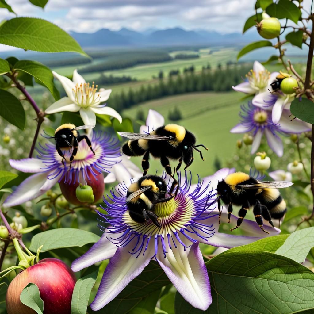 Bumblebees on Clematis-Passiflora in Apple Orchard