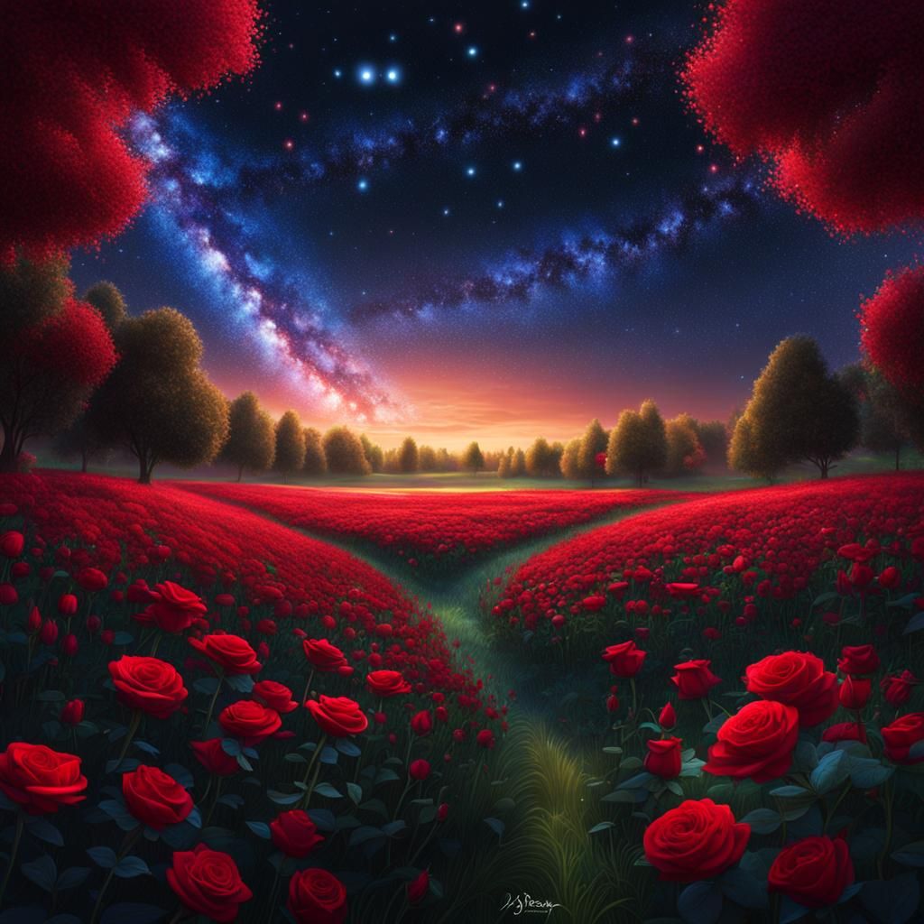 Magical Calligraphy in Rose Field Under Milky Way