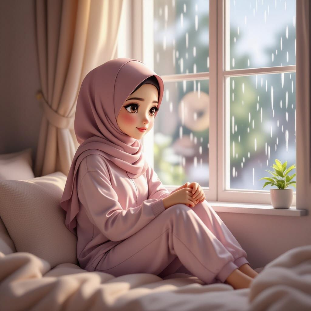 Cozy Hijabi Girl Watching Rain in 3D Pastel Style