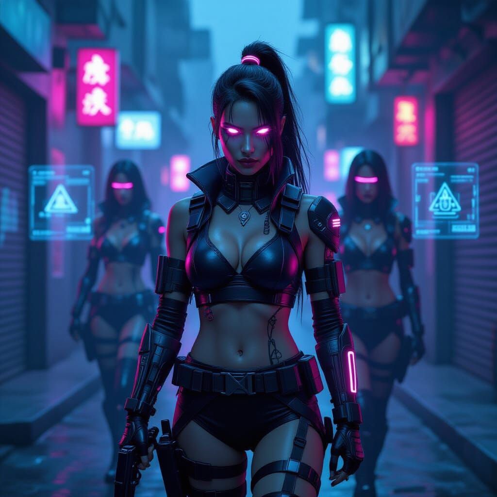 Cyberpunk Warrior Women in Neon Alleyway