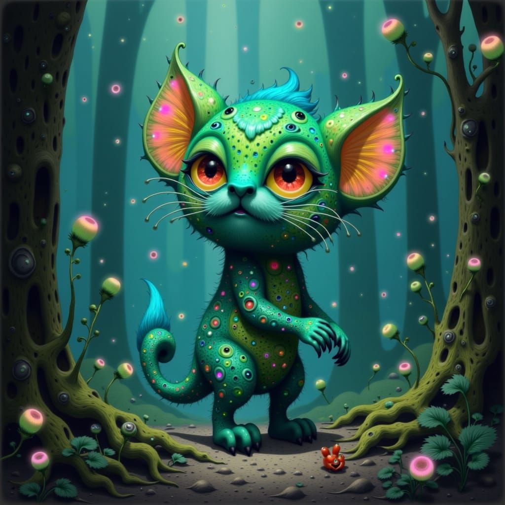 Green-Blue Monster Roams Mystical Forest as Digital Painting