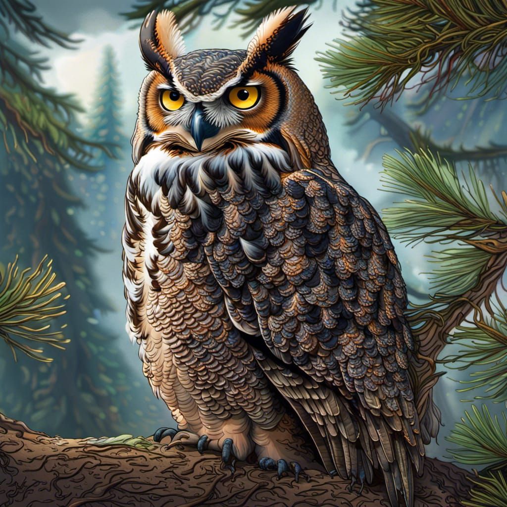 Great Horned Owl in Pine Tree: Realistic HDR