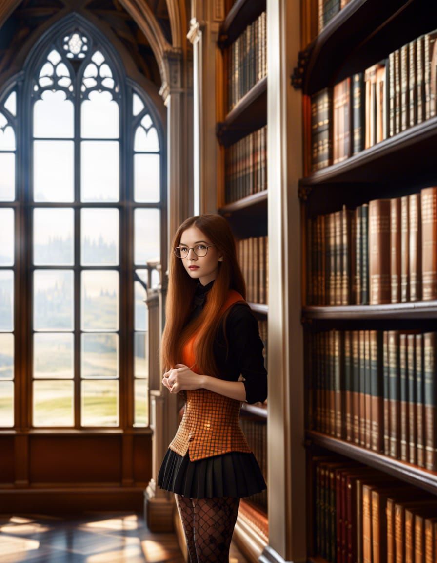 Woman in Miniskirt Poses in Classic Library