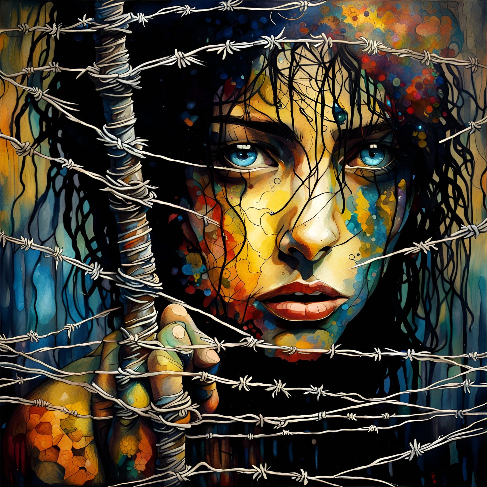 Emo Surreal Batik and Barbed Wire Pierced Face Cage Set
