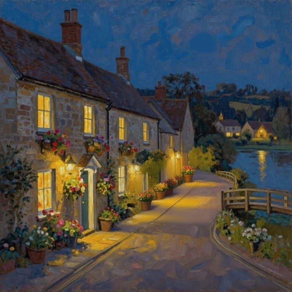 Cozy British Village at Night Oil Painting