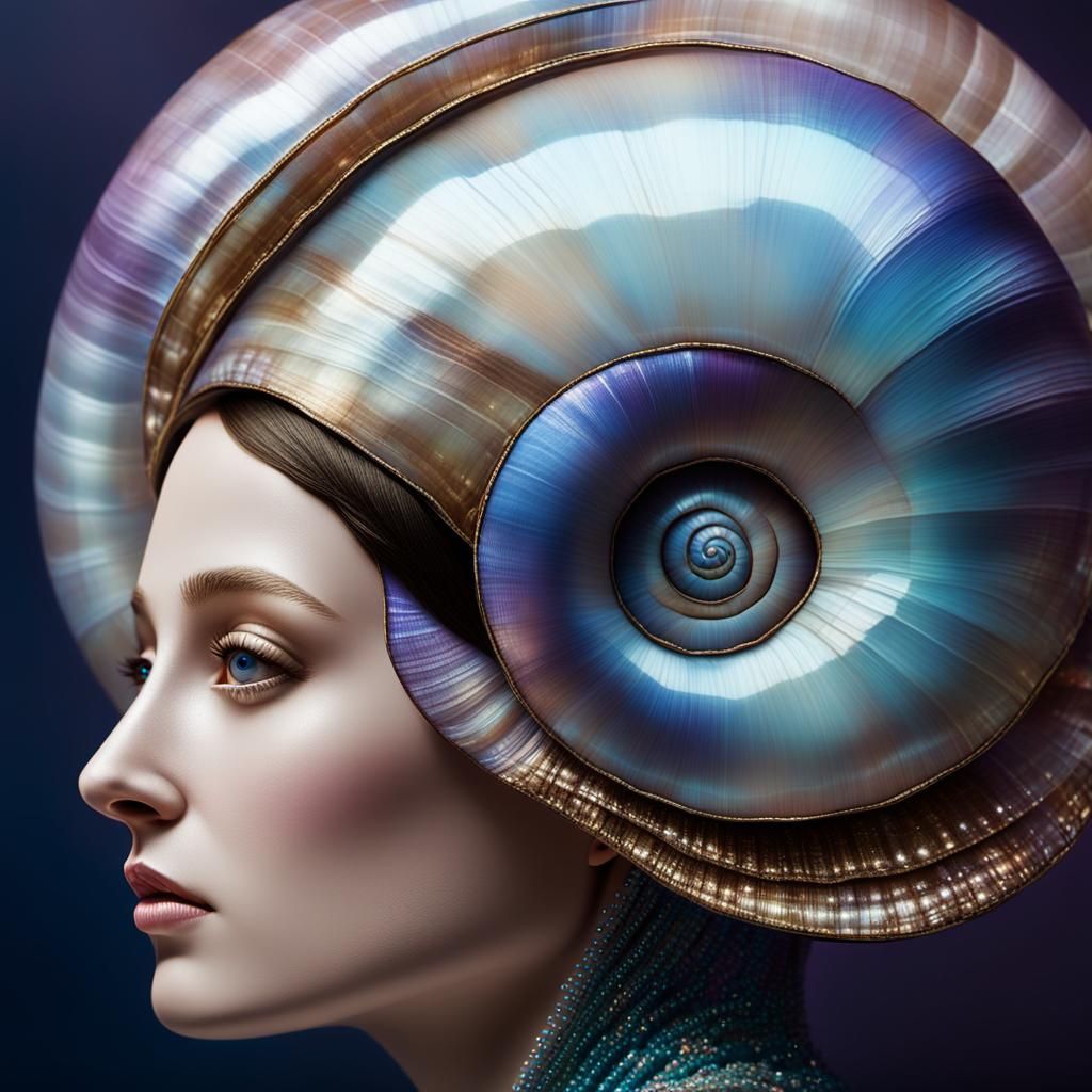 Ethereal Snail Shell Woman: Surrealist Portrait