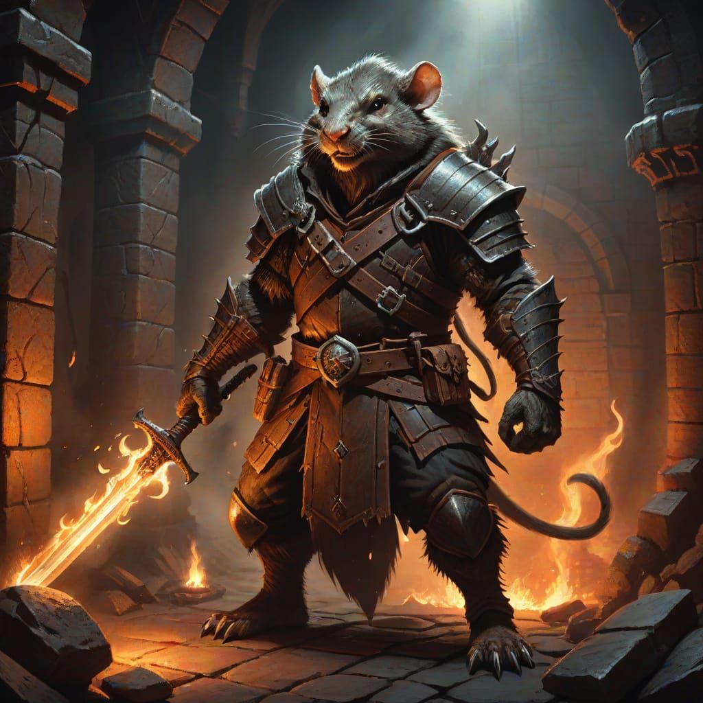 Wererat Warrior with Flaming Sword in Dungeon