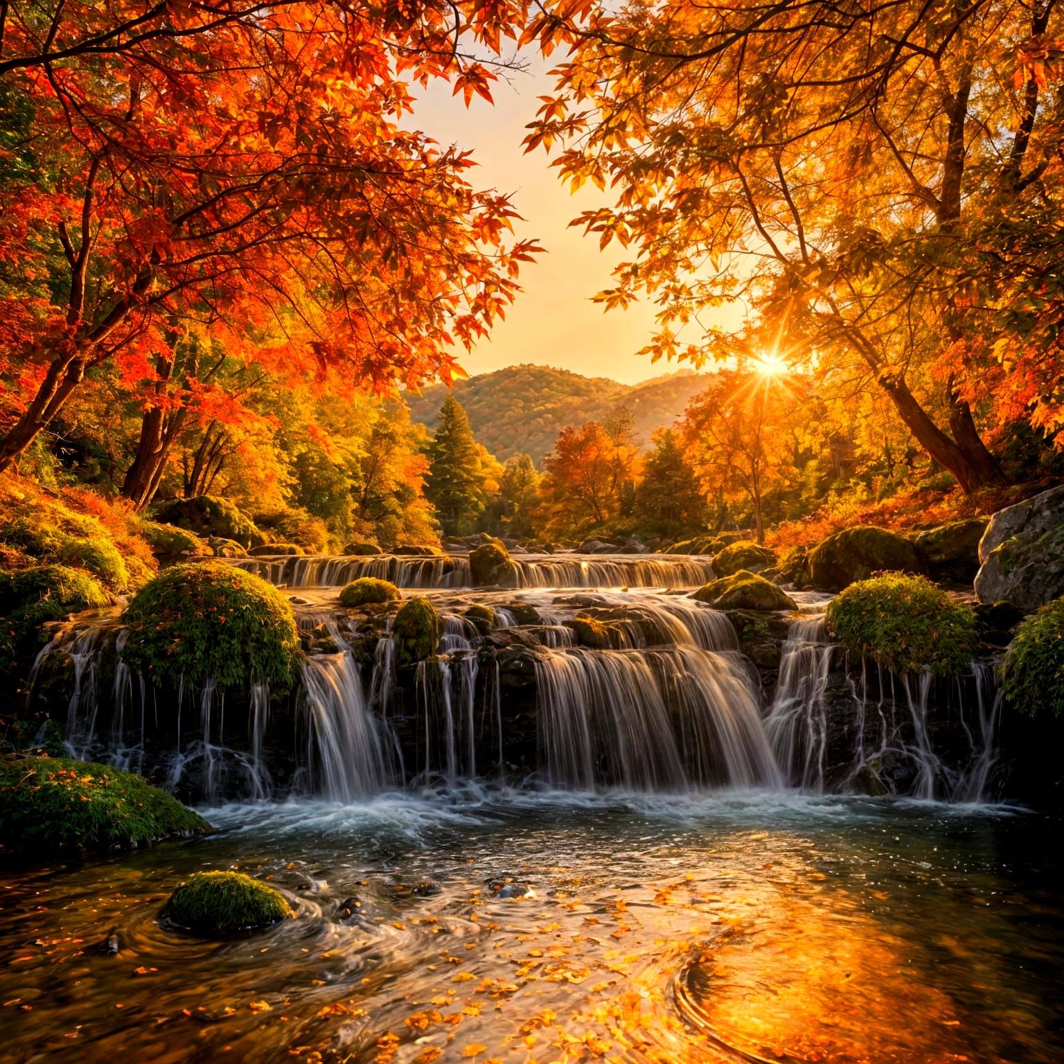 Dreamy Waterfall in Golden Autumn Light
