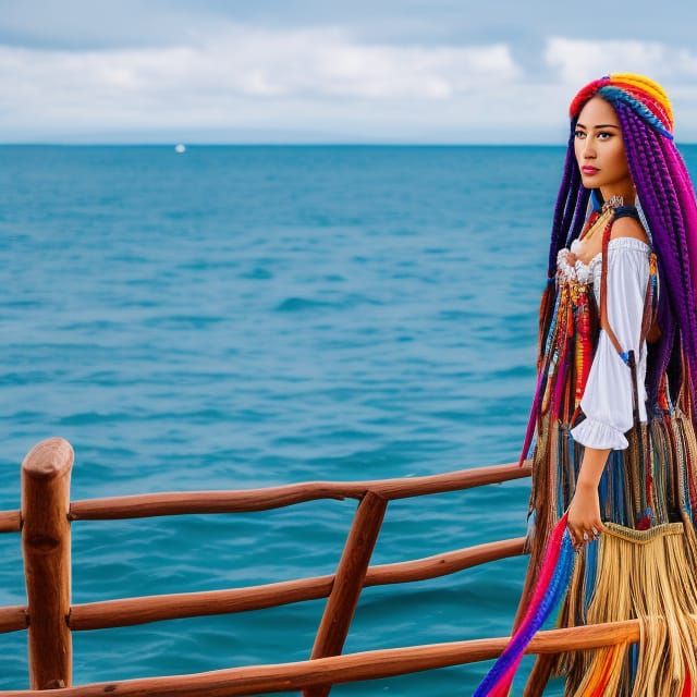 Pirate Captain on Ship with Rainbow Hair
