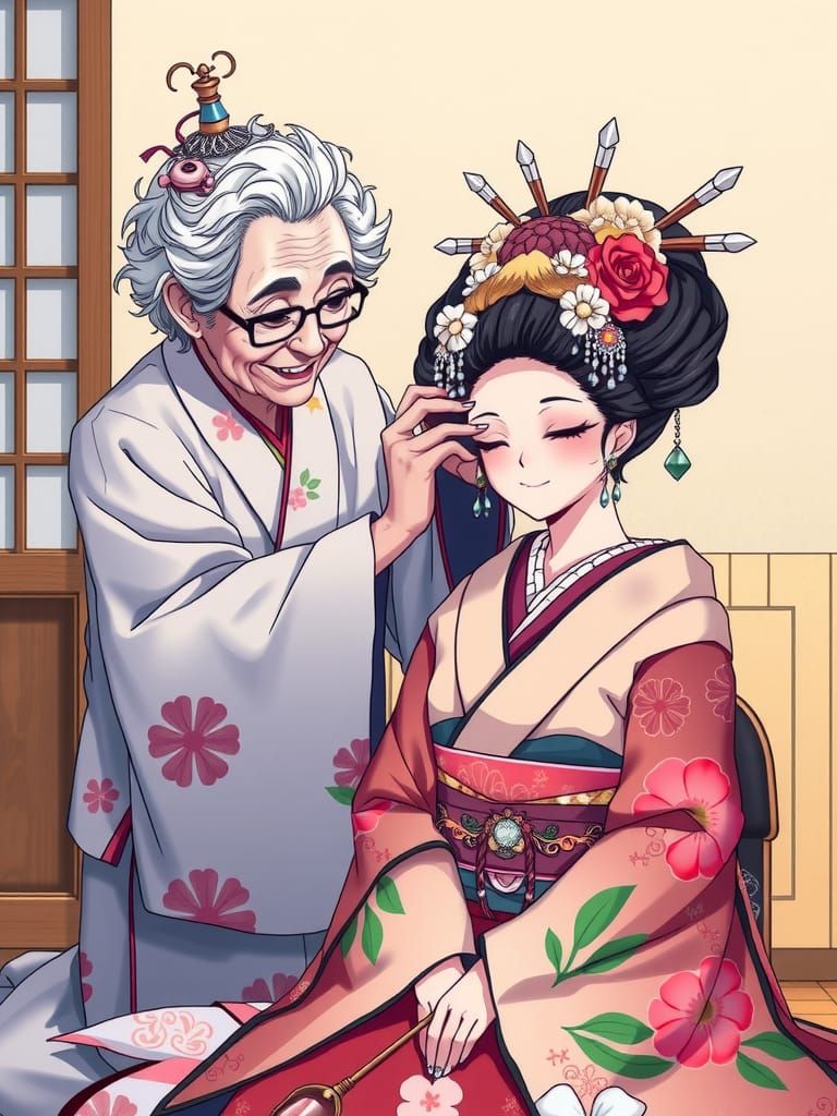Geisha Tradition: Anime-Inspired Floral Kimono Illustration