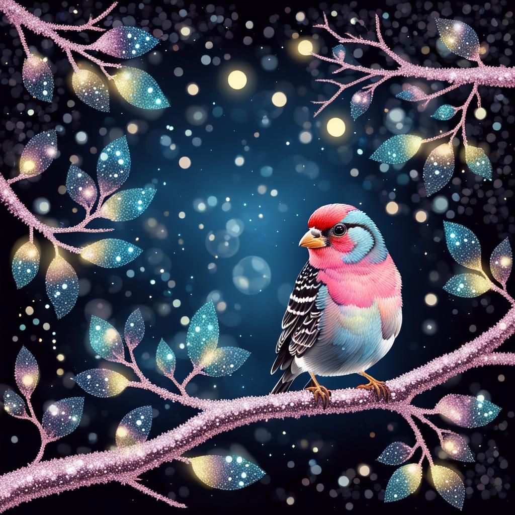 Whimsical Finch on Glittery Branch at Night