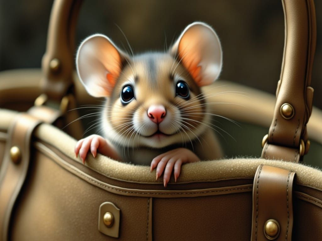 A Petite Mouse Peeks Out of a Luxurious Handbag with a Misch...