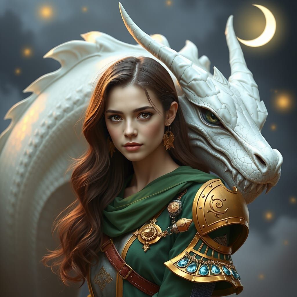 Ethereal Fantasy Portrait of a Woman and White Dragon