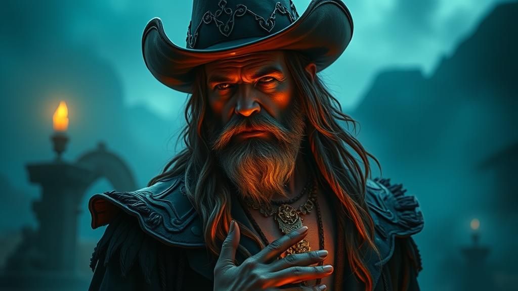 Gothic Rockstar Deckard Cain in Ethereal Landscape