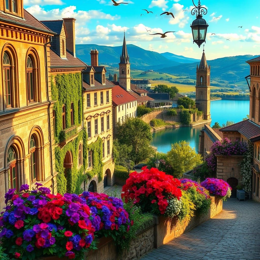 Scenic Old-World Architecture in Golden Light