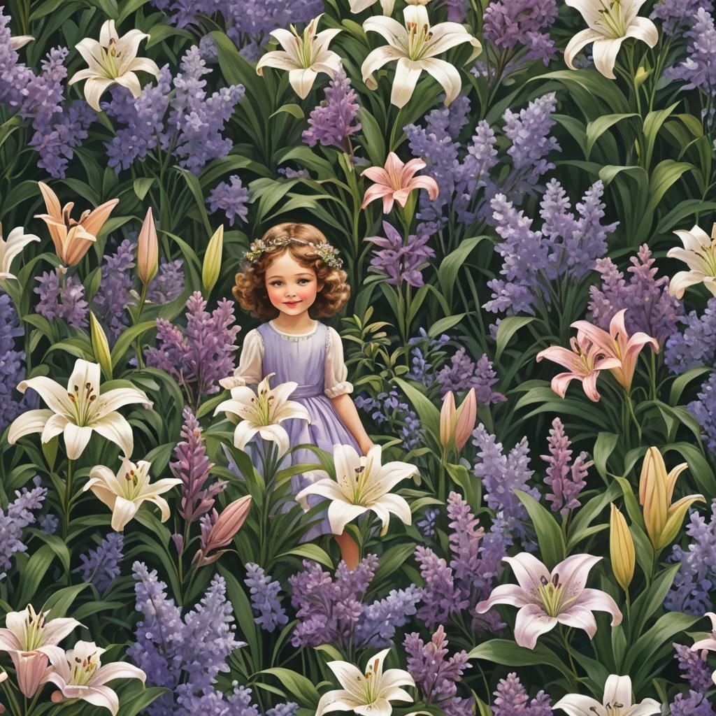 Lush Landscape with Lilies, Lilacs and Lavender