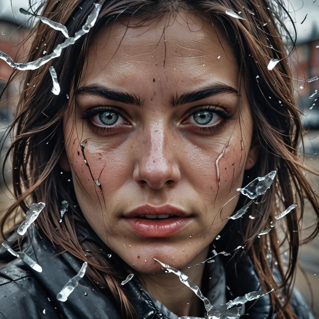 Hyperrealistic Girl with Gasoline Tears and Broken Glass