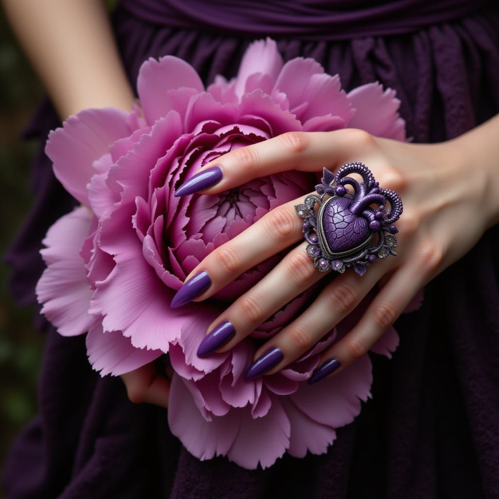Elegant Hands With Purple Nails Cradle Peony, Ornate Ring