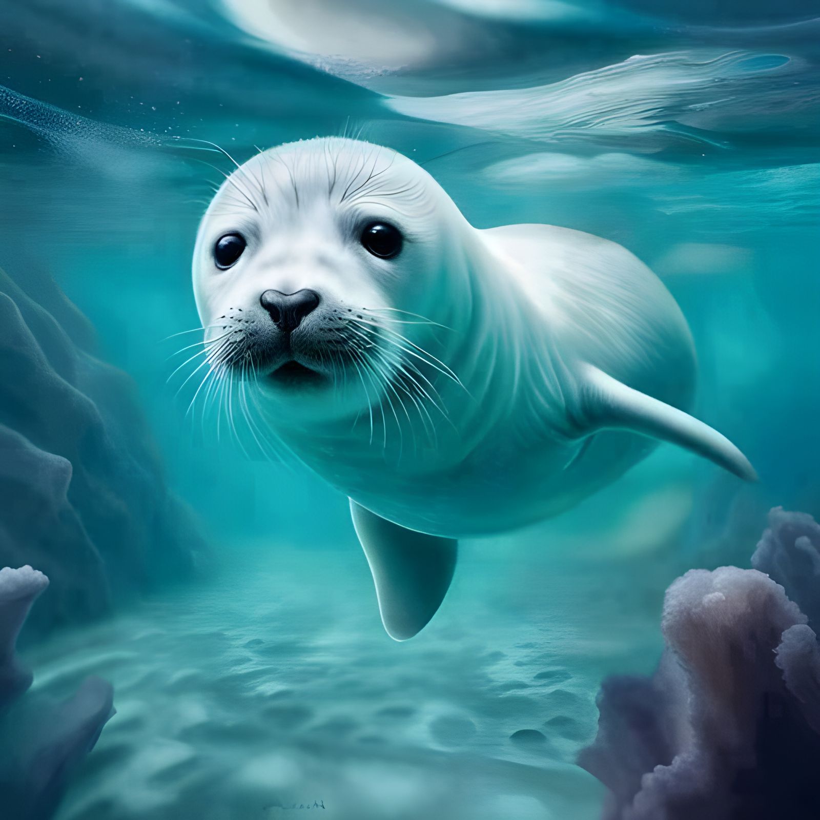 Adorable White Baby Seal Swimming Underwater
