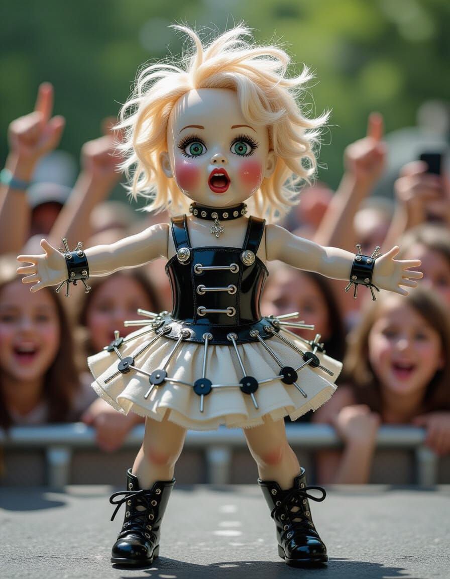 Punk Rock Porcelain Doll with Glass & Safety Pin Dress