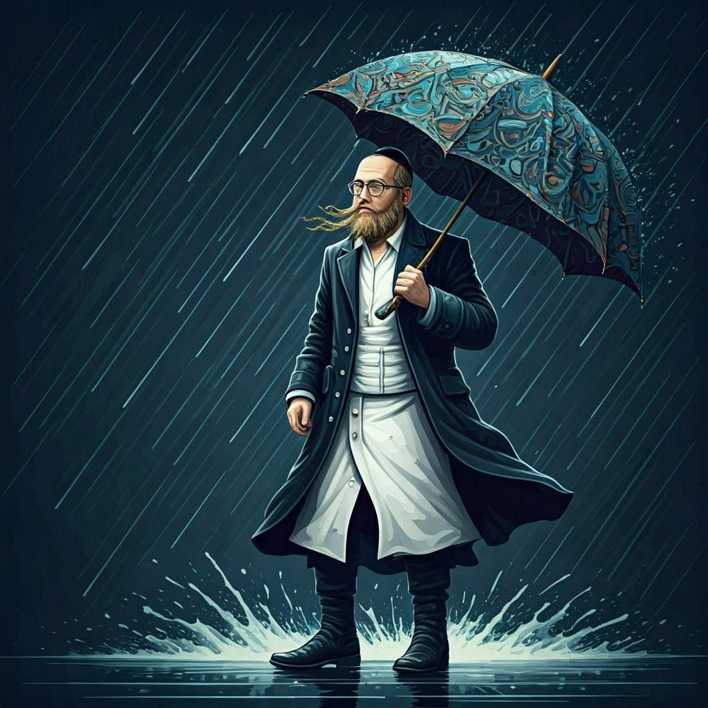 Orthodox Hasidic Man Braves Torrential Downpour in Vibrant A...
