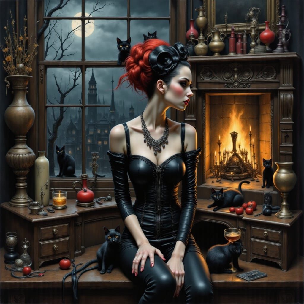 Haunted Library: Woman in Surreal Macabre Setting