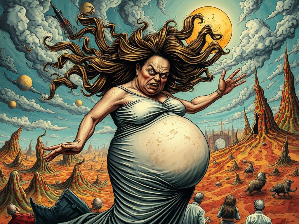 Distressed Pregnant Woman in a Surreal Melting Landscape