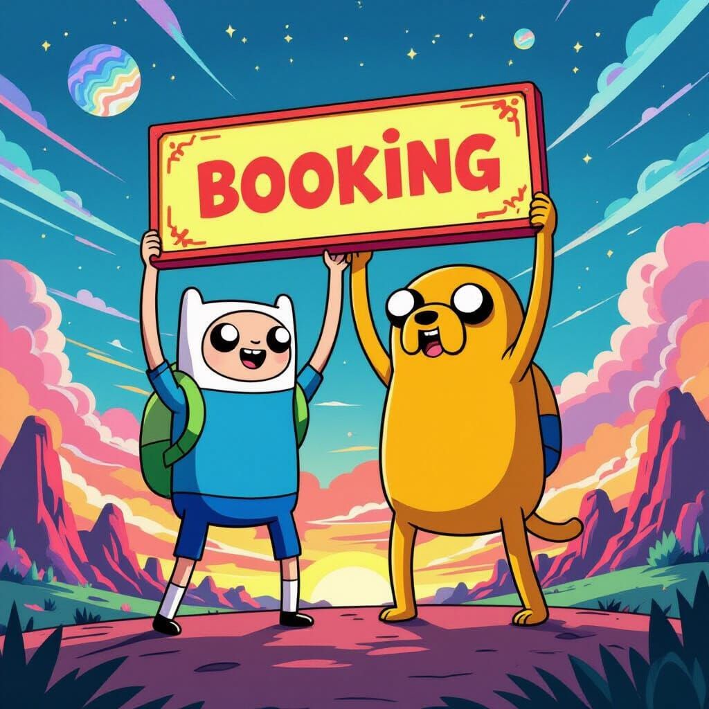 Finn and Jake Hold Booking Sign on Alien World