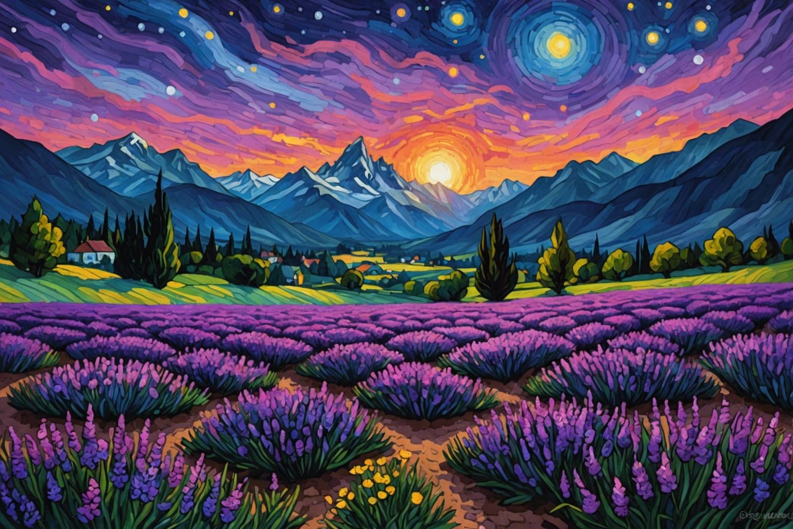 Purple Flowers Creek: Gothic Watercolor Van Gogh Sky