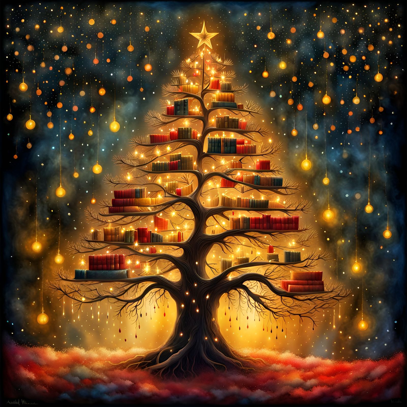 Whimsical Christmas Tree with Books in Watercolor