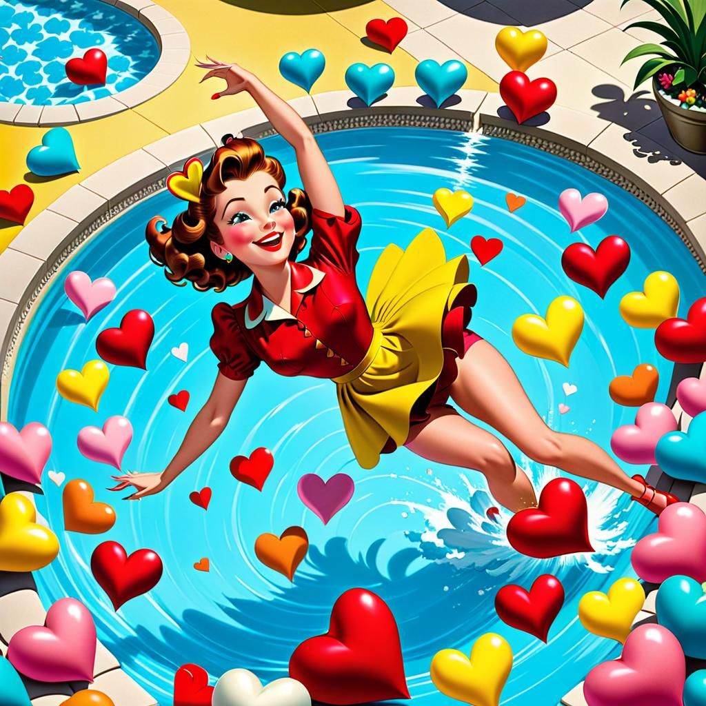 Whimsical Cartoon Lady Falling into Hearts