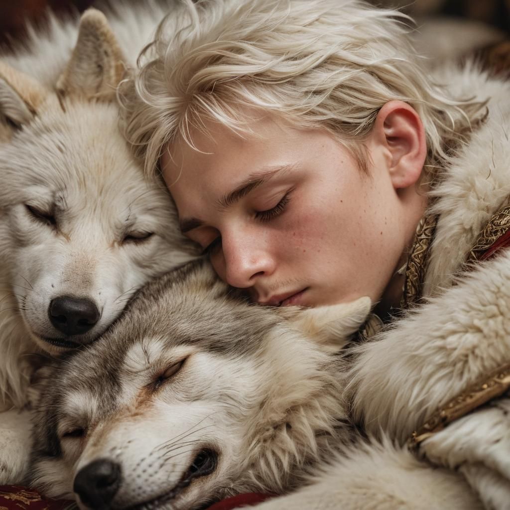 Viking Boy Sleeping with White Wolf Portrait