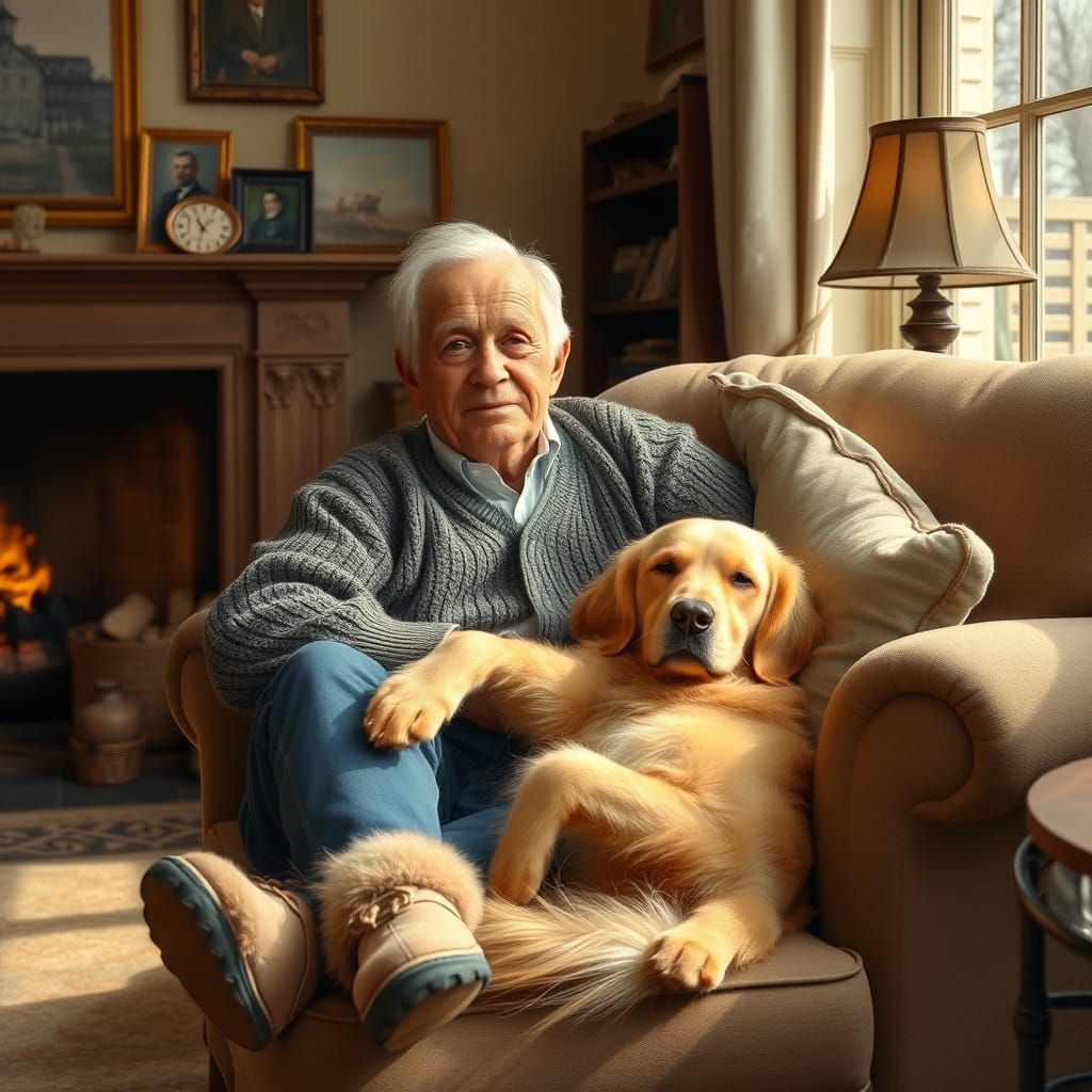 Warm Elderly Man Snuggles with His Faithful Golden Retriever...
