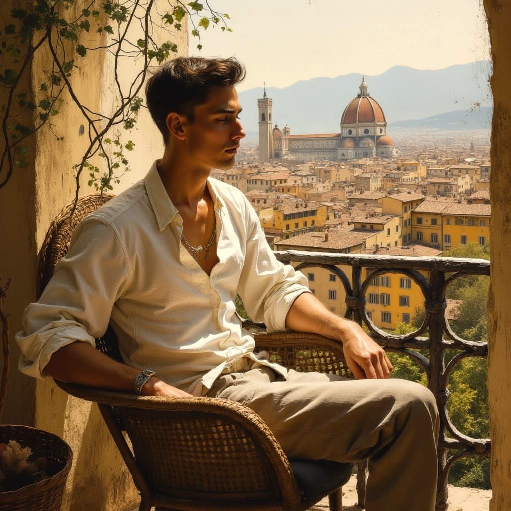 Man in Linework Style Seated on Wicker Chair Overlooking Flo...