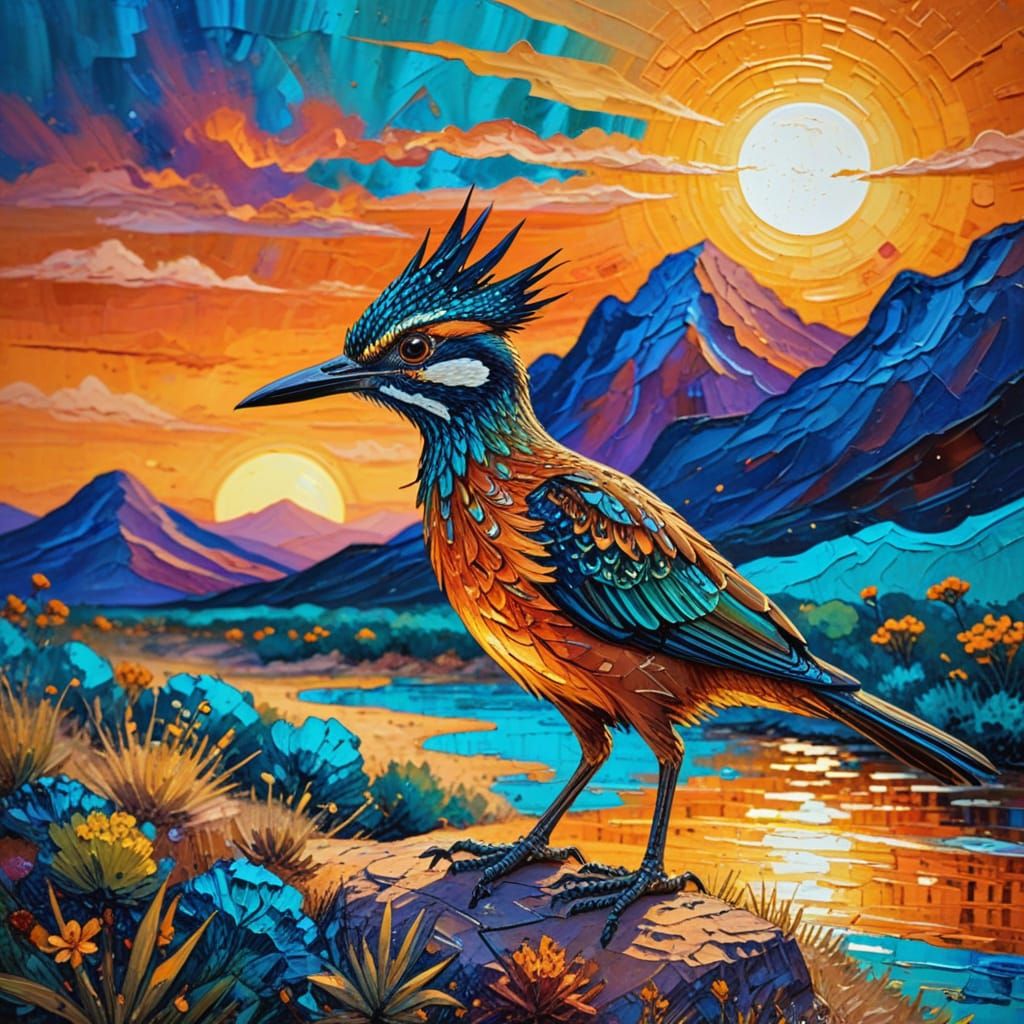 Vibrant Desert Sunset Roadrunner Masterpiece
