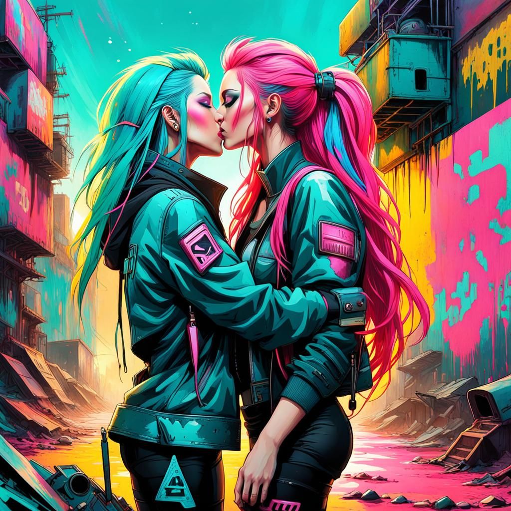 Cyberpunk Kiss in Post-Apocalyptic Wasteland